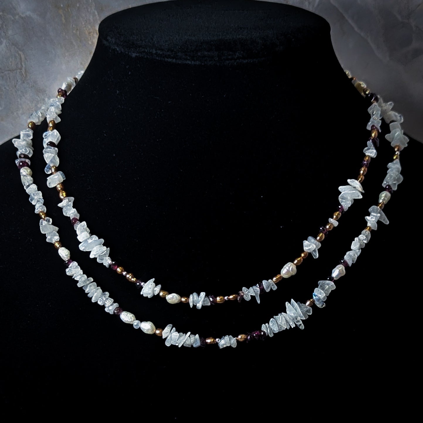 Rainbow Moonstone & Garnet Double Strand Necklace