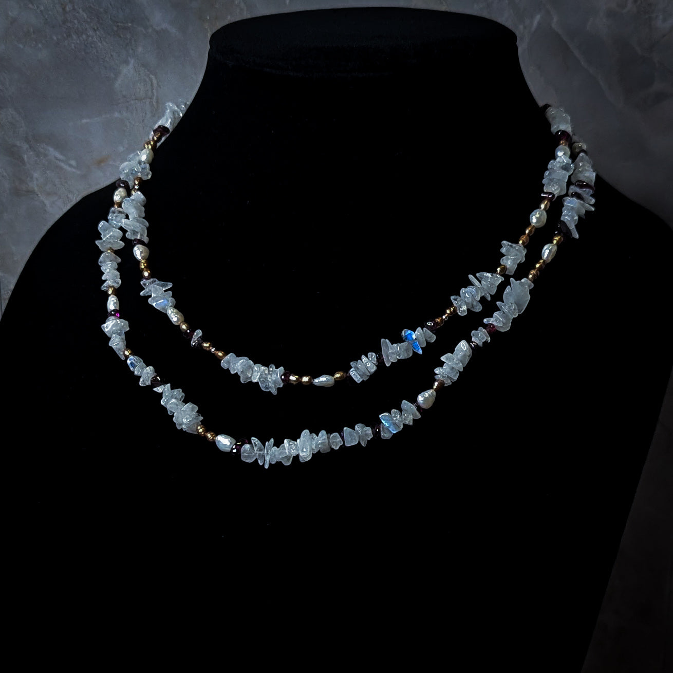 Rainbow Moonstone & Garnet Double Strand Necklace